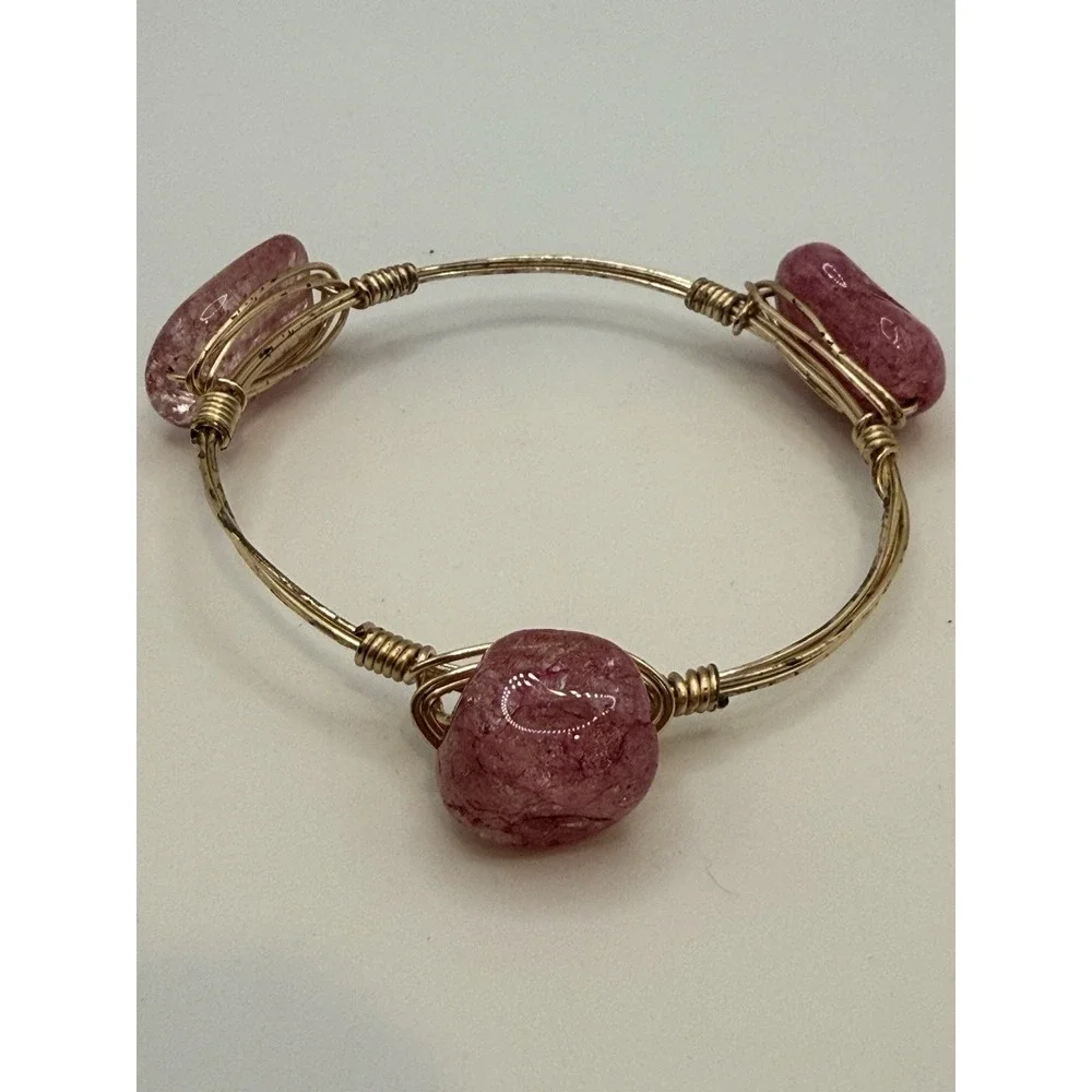 Wire Wrapped Bangle Bracelet Pink Stone or Glass Gold Tone 7